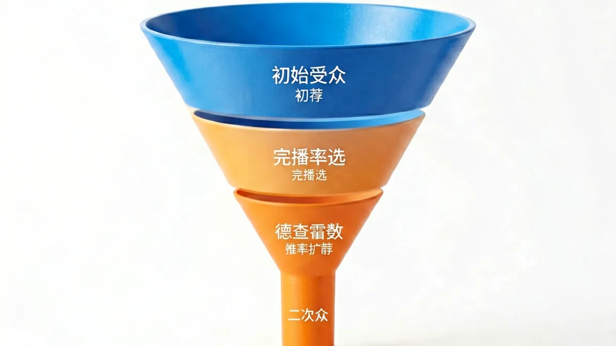 91短视频推荐算法漏斗模型示意图，展示流量从初始分发到大规模推荐的过程