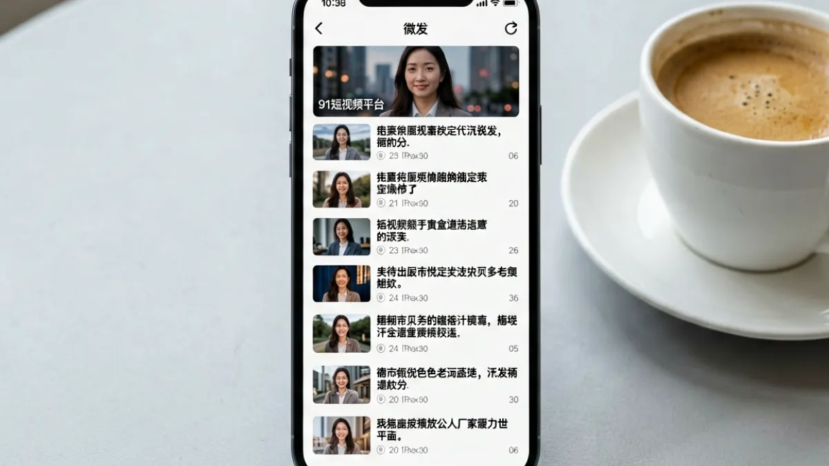 91短视频平台资讯速递页面封面，展示多条最新动态条目排列在手机屏幕上