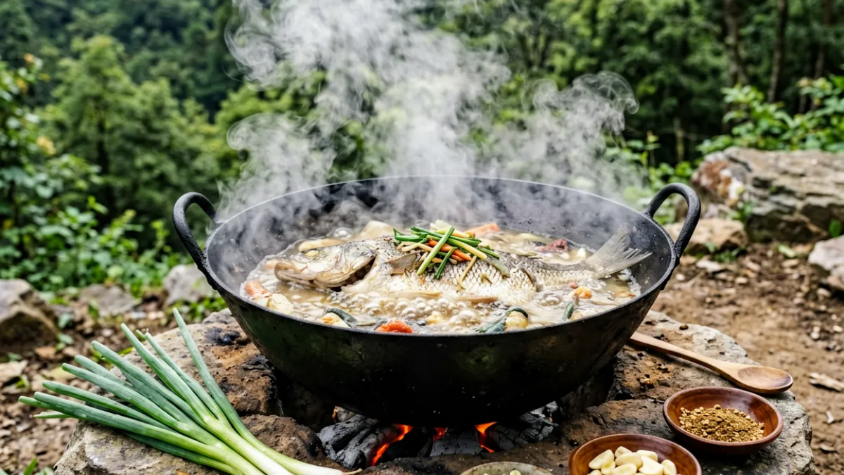 91短视频上一位厨师在户外架锅烹饪铁锅炖鱼，烟火气十足的美食制作现场